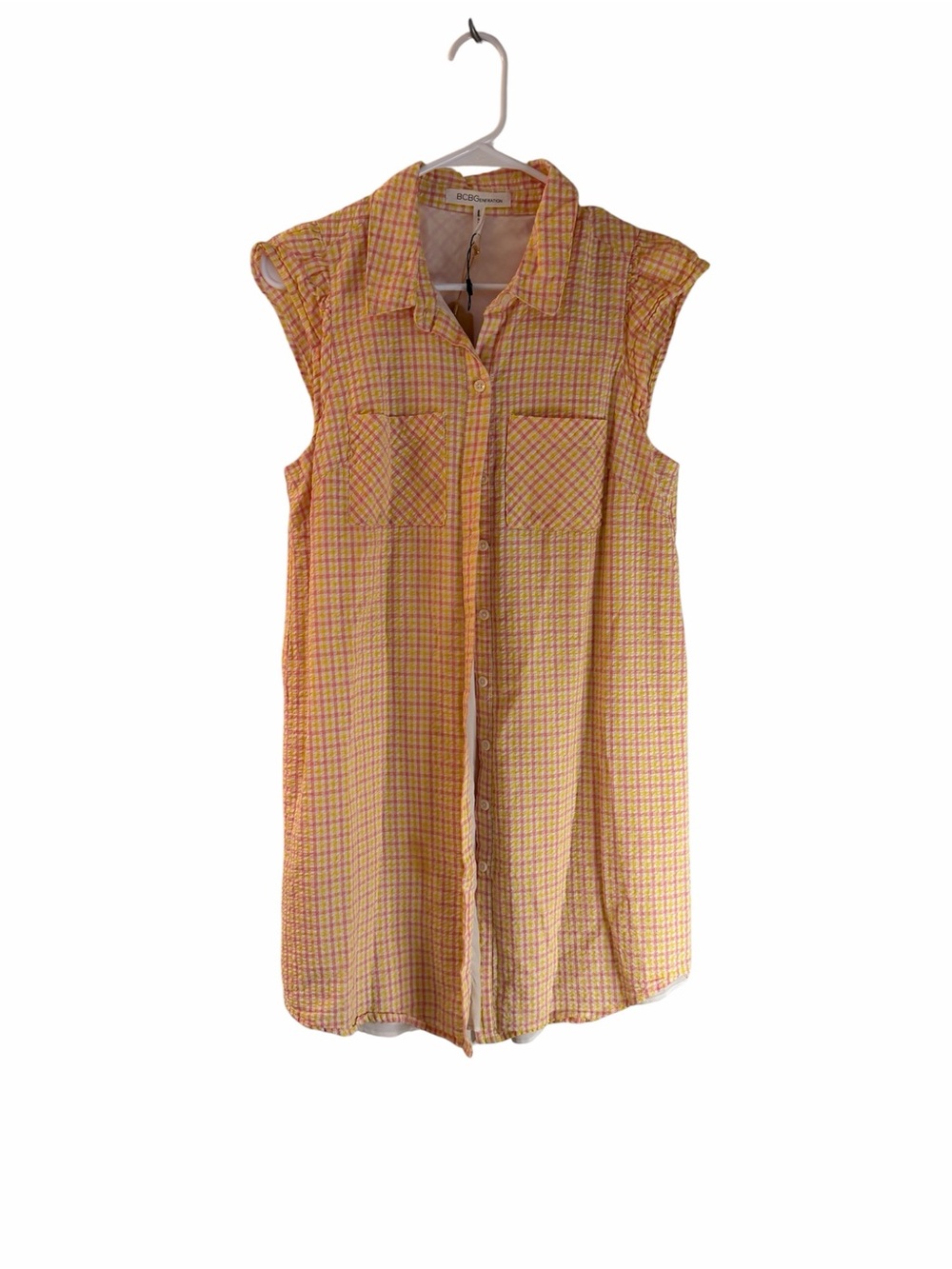 BCBGeneration Yellow and Pink Button-Front Midi Shirt Dress